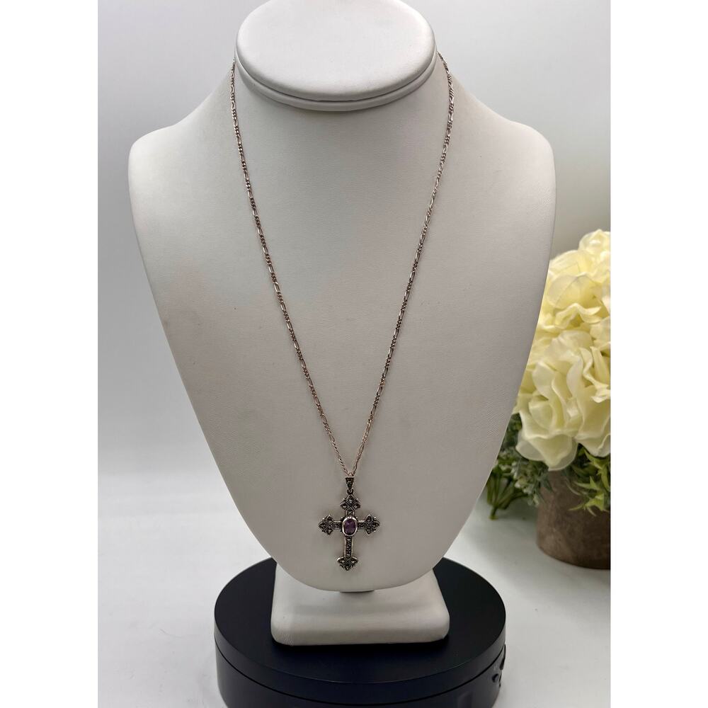 JC 925 Sterling Silver‎ Purple Oval Stone Marcasite Filigree Chain Necklace  20”